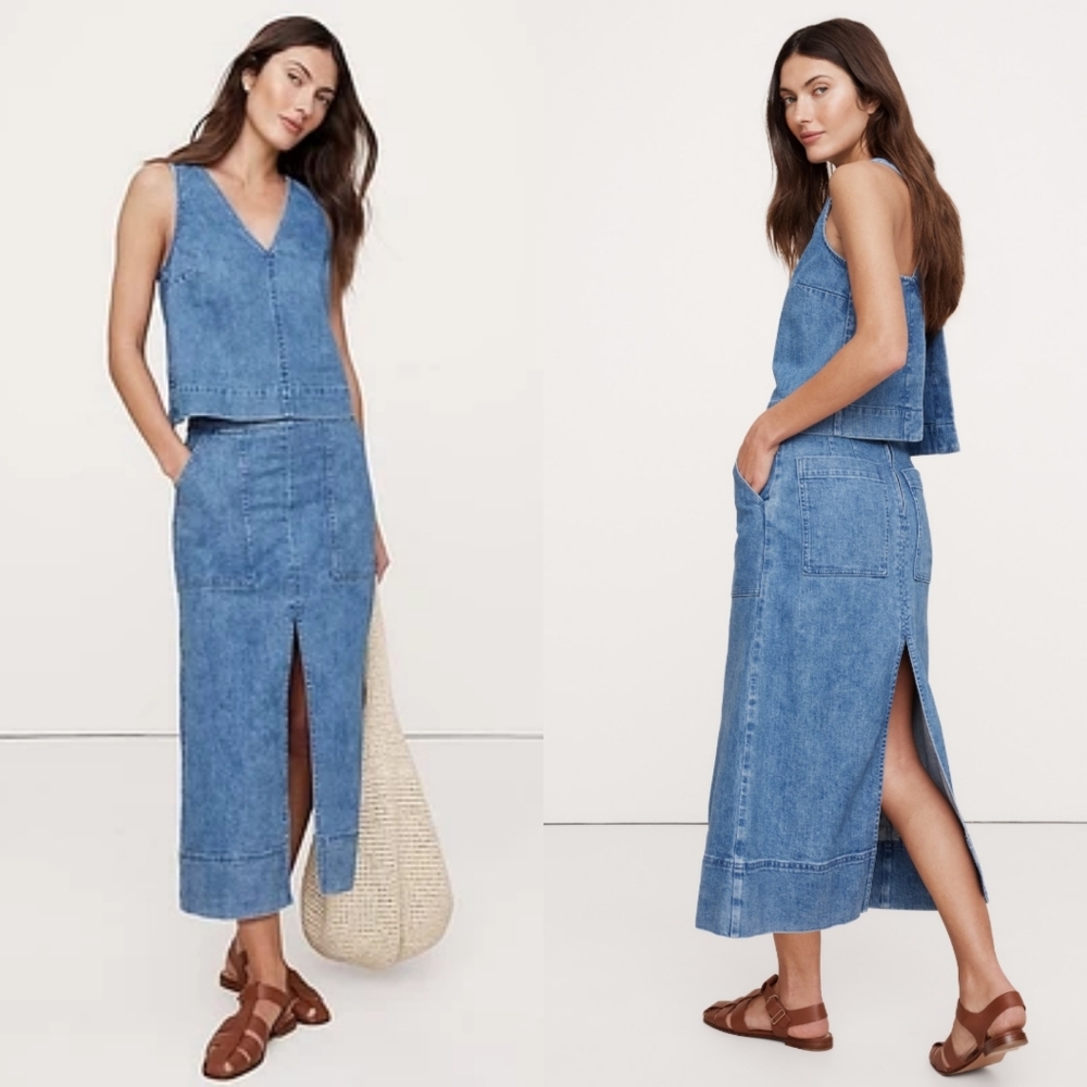 BANANA REPUBLIC Tailored Denim Midi Skirt In Medium Wash 8.